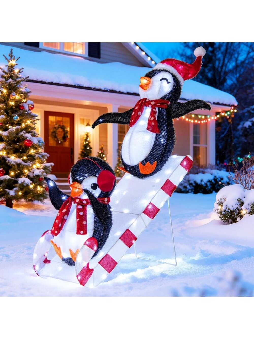 Pre-Lit 3D Christmas Penguins Sliding Decoration - Festive Holiday Yard Decor